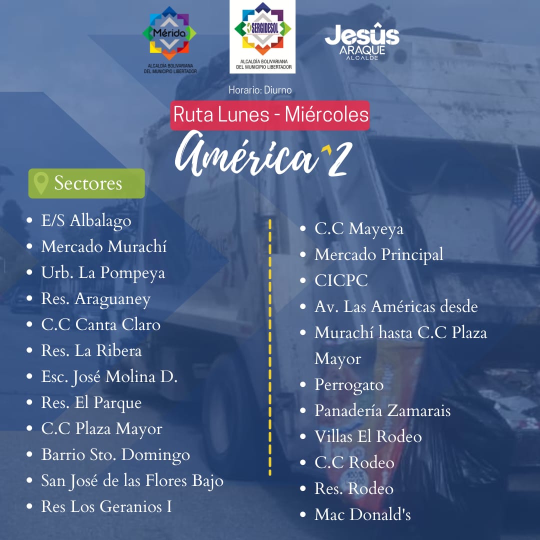 AseoUrbanoMRD's tweet photo. #ATENCIÓN⚠️

♻️RUTAS LUNES #04Jul ♻️

Continumos trabajando y  desplegados con nuestro plan de recolección de desechos sólidos a lo largo y ancho del municipio Libertador #MéridaLimpia 🚚

¡Mérida Ciudad de Retos!  

Ruta:
América 1, 2, 3 y 4 https://t.co/cXUMRPoXf8