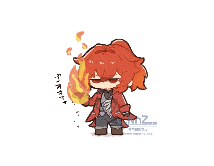 diluc (genshin impact) 1boy male focus red hair fire red eyes chibi solo  illustration images