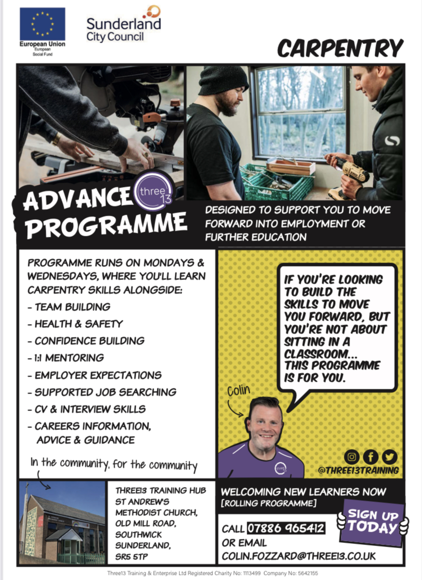 🗜FREE joinery course in Southwick 🪚

The course runs on Mondays and Wednesdays at St Andrew’s Methodist Church on Old Mill Road.

More info below 👇 

#Southwick