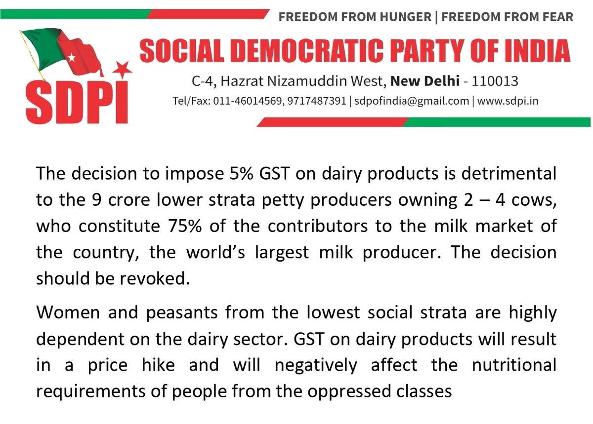 The decision to impose 5% GST on dairy products is detrimental to the 9 crore lower strata petty producers owning 2 – 4 cows, who constitute 75% of the contributors to the milk market of the country, the world’s largest milk producer. The decision should be revoked. #GST