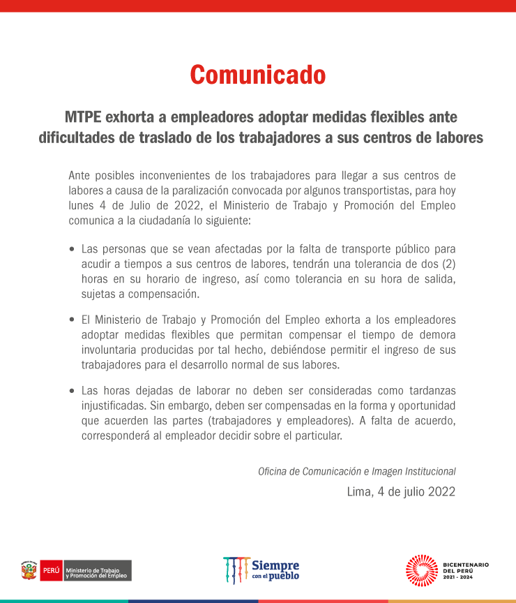 ? El MTPE exhorta a empleadores adoptar medidas flexibles ante dificultades de traslado de los trabajadores a sus centros de labores.