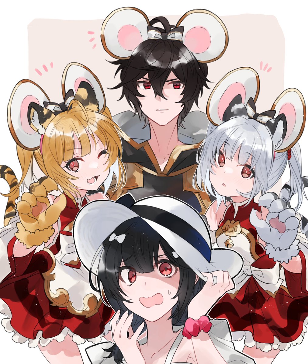 vikala (granblue fantasy) multiple girls animal ears red eyes 1boy animal hands blonde hair siblings  illustration images