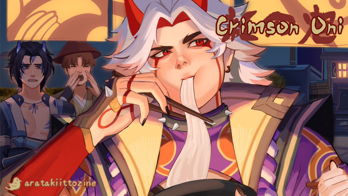 Preview for what I worked on with @AratakiIttoZine ! Guess who he’s having a competition with 🙈🙈!!! Go find out by getting your zine in: crimsononi.bigcartel.com