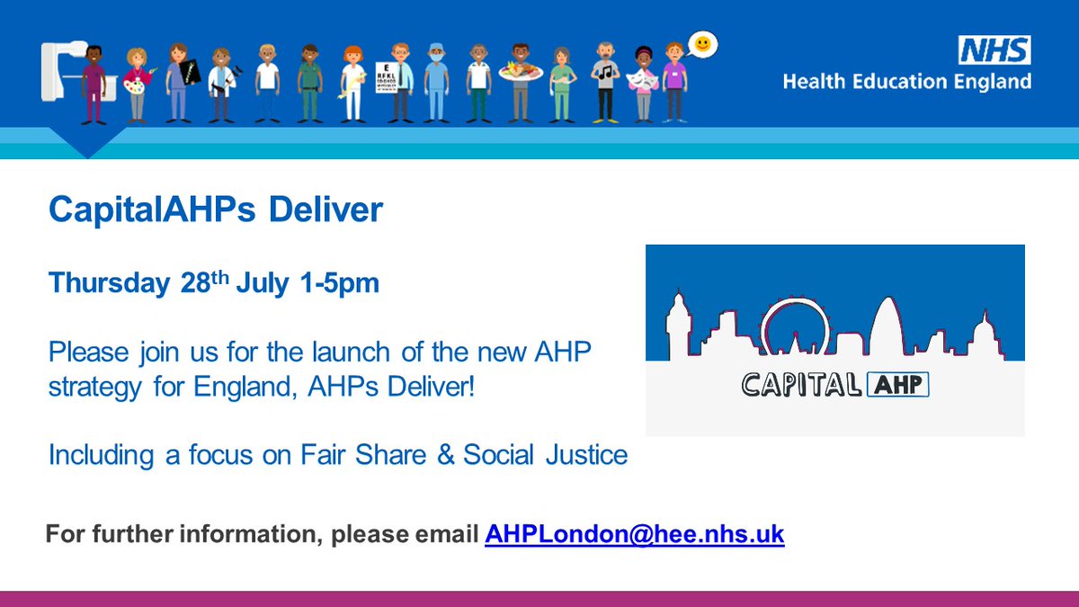 📣📣Join us for CapitalAHPs Deliver on 28th July!
Register here eventbrite.co.uk/e/capitalahps-…

🌟An event to celebrate the new AHP strategy & discuss ideas for London, including social justice & fair share model 🌟 
@londonahps @SuzanneRastrick #CapitalAHP #CapitalAHPsdeliver