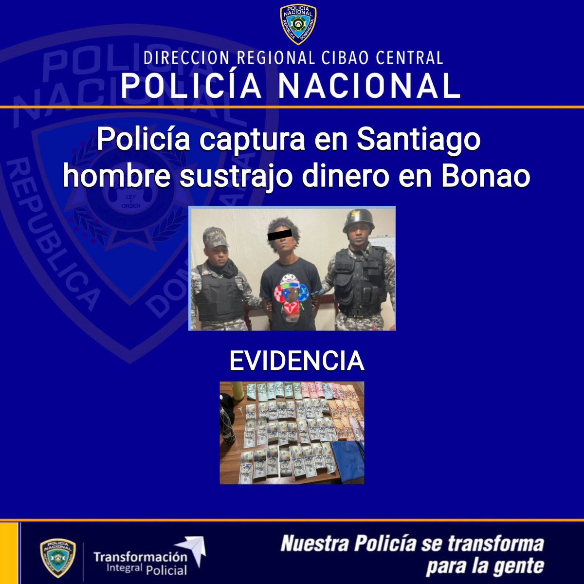 Informamos la captura en #Santiago hombre sustrajo dinero en #Bonao

Se trata del nombrado Carlos Ramírez Jiménez, de 47 años de edad, siendo puesto a disposición de la #justicia.
<a href="/pesqueiradiego/">Diego Pesqueira</a> <a href="/gabrielmercedez/">Gabriel Mercedes</a> @Leo55615348 <a href="/alexandergara21/">Alejandro García</a> <a href="/nuriapiera/">N Digital</a> <a href="/donfelixSPM/">Félix Victorino</a> <a href="/cachicha/">cachicha</a>