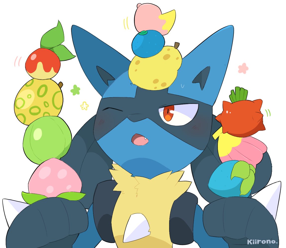 lucario pokemon (creature) berry (pokemon) open mouth furry hands up blue fur simple background  illustration images