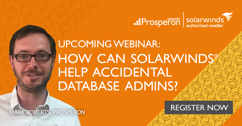 Prosperon's tweet photo. Are you looking after databases, but you're not a DBA? Our next webinar examines how @SolarWinds can help accidental DBAs meet their database monitoring needs. The session is led by @PastaOverEther &amp; @kekline, mediated by @ProsperonMark #ProsperonWebinars