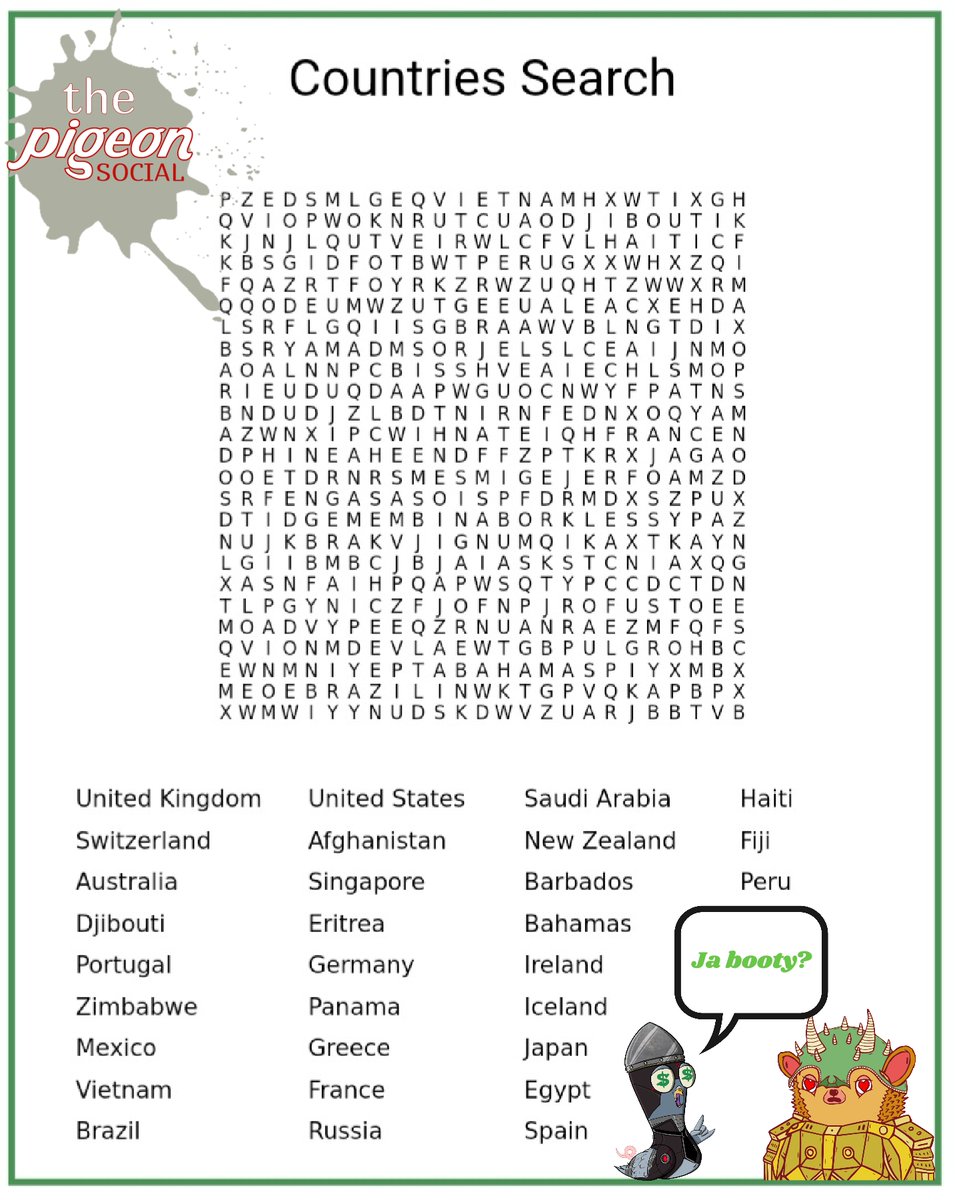 FreedomFlockerz's tweet photo. 🔎Countries Search🔎
Monday word search with @QuillerLabs joining the fun!
Post answer in 🧩・games
👉https://t.co/0L4UYuIVsR
Never know when our communities will randomly give out 🎁
#NFT #OpenSeaNFT #raribleNFT #pigeonsflytogether #NFTGames #NFTGiveaway #NFTCommunity https://t.co/ssaZDDppSr