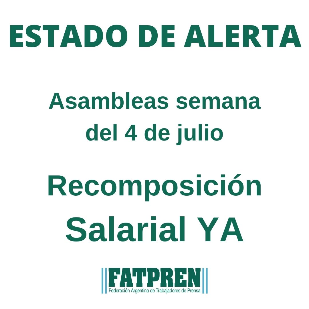 🔴 ESTADO DE ALERTA EN #PRENSA 🔴

📣 Exigimos una recomposición salarial YA!
📣 Por un salario mínimo en Prensa de $120.000 en todo el país

Leé las definiciones del Plenario de Secretarixs Grales de FATPREN 👉🏾 bit.ly/3IaIuUy