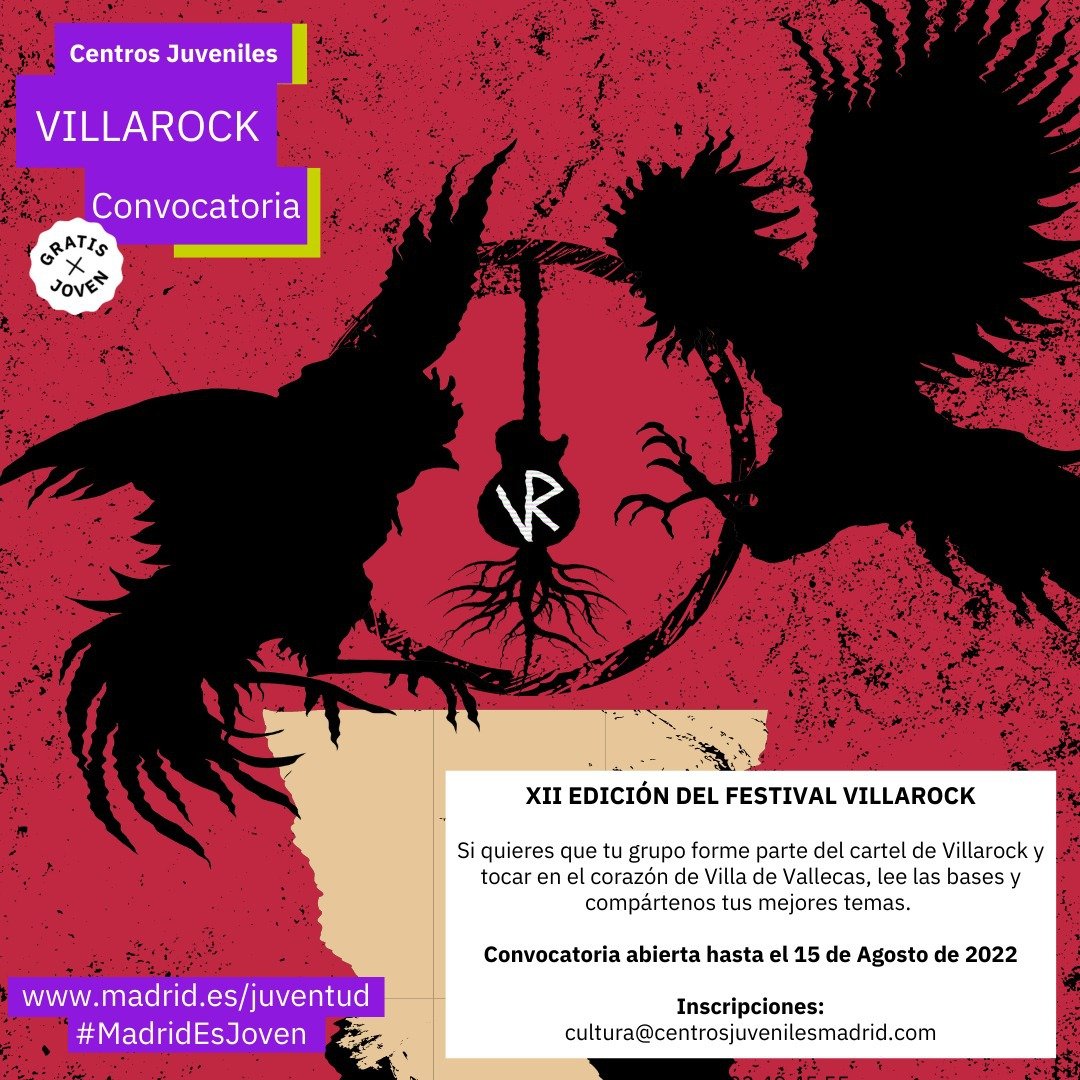 ¿Tienes un grupo de rock y quieres darte a conocer? ¿Al menos la mitad del grupo tenéis entre 14 y 35 años? Envíanos tu tema musical a este correo: cultura@centrosjuvenilesmadrid.com
Toda la información en: bit.ly/BASESVILLAROCK…
#InformaciónJuvenil #MadridEsJoven <a href="/EuropaJoven/">Europa Joven Madrid</a>