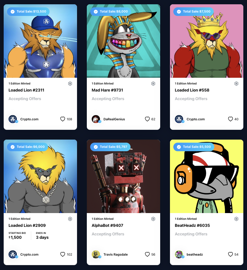Crypto.com NFT (@cryptocomnft) on Twitter photo 💰 Top sales on <a href="/cryptocomnft/">Crypto.com NFT</a> this past week.
🦁 <a href="/LoadedLions_CDC/">Loaded Lions</a> is leading the charge, with 🐇<a href="/MadHareSociety/">Mad Hare Society</a>, 🤖 <a href="/AlphabotSociety/">AlphaBot Society🤖</a> and 🎶 <a href="/BeatHeadzNFTs/">BeatHeadz 🎧</a> not far behind.
Which is your favorite out of the top sales this week? Let us know 👇 💰 Top sales on <a href="/cryptocomnft/">Crypto.com NFT</a> this past week.
🦁 <a href="/LoadedLions_CDC/">Loaded Lions</a> is leading the charge, with 🐇<a href="/MadHareSociety/">Mad Hare Society</a>, 🤖 <a href="/AlphabotSociety/">AlphaBot Society🤖</a> and 🎶 <a href="/BeatHeadzNFTs/">BeatHeadz 🎧</a> not far behind.
Which is your favorite out of the top sales this week? Let us know 👇