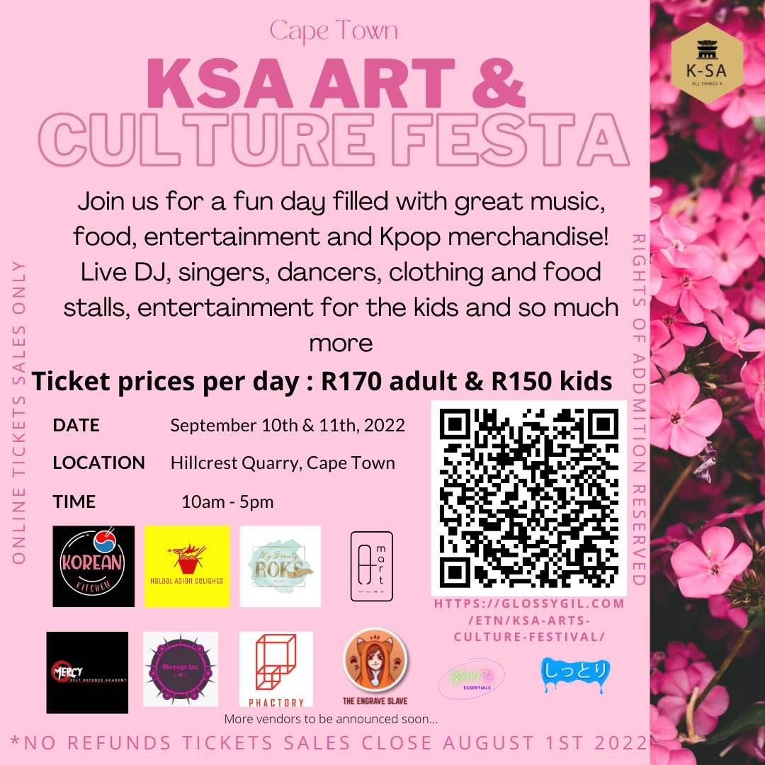 OfficialKSA_'s tweet photo. Tickets for the KSA Arts and Culture Festival Cape Town are now on sale.

https://t.co/EPg6k1Z7pi

When : 10 &amp; 11 Sept 2022
Where: Hillcrest Quarry
Time: 10am - 5pm
Price:
R170 adults (13yrs old+)
R150 kids (0-12yrs old)

#KSAArt&amp;CultureFesta #KSAArt&amp;CultureFesta2022 #capetown https://t.co/o5QRzLjsk1