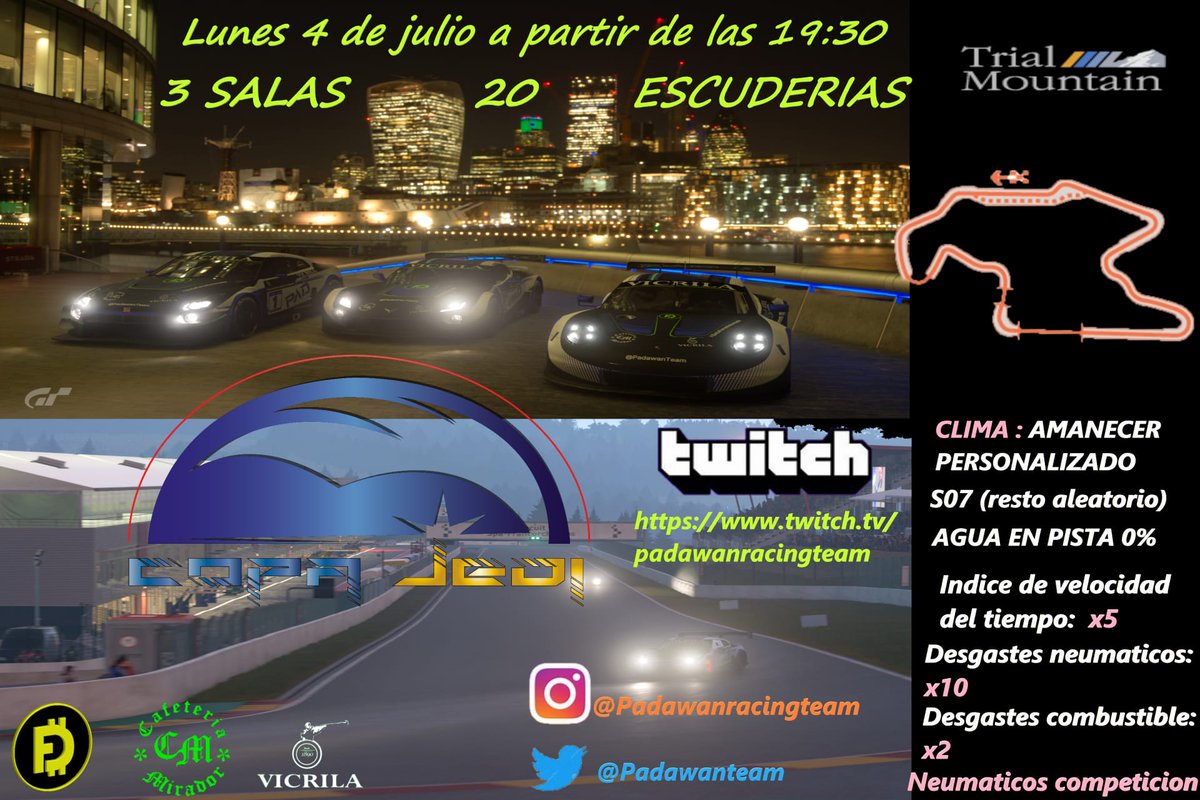 Vuelve otra jornada más de la Copa JEDI.
Esta semana nos vamos a Trial Mountain.
Suerte a todos!!!!
 
Retrasmision sala A twitch.tv/pad_cristian?s…
Retrasmision sala B y sala C
twitch.tv/padawanracingt…

Patrocinadores
<a href="/vicrila/">Vicrila</a> 
<a href="/Fansandmesocial/">Fansandmesocial.com</a> 
@cafeteriaMirador