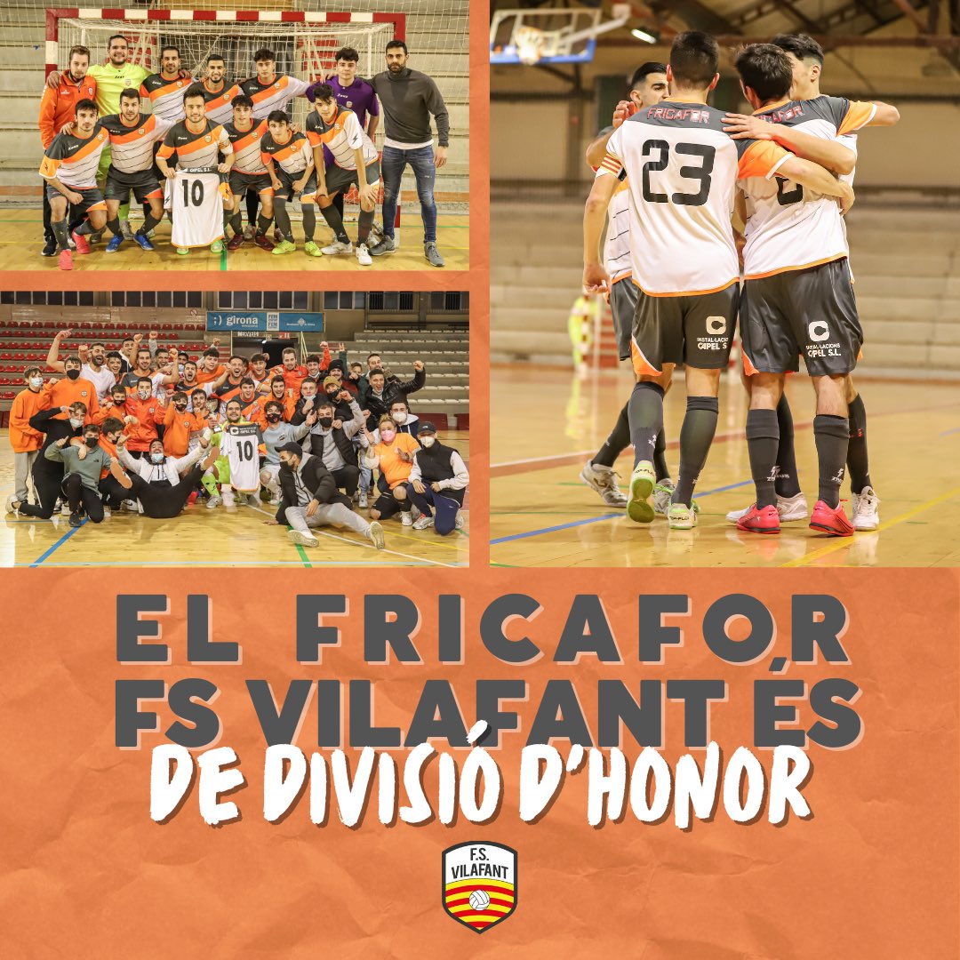 SOM DE DIVISIÓ D’HONOR ⚪️🟠⚫️

El Fricafor FS Vilafant assoleix l’ascens a divisió d’honor després d’una gran temporada 2021/22 on s’han aconseguit tots els objectius proposats:
🏆 Campions Copa Girona
📈 Ascens a DH

#hemtornat #seguimcreixent