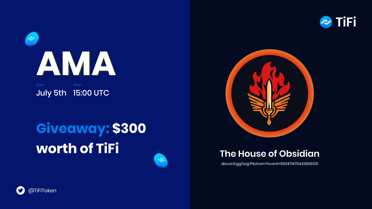 TiFiToken's tweet photo. Join us for an amazing AMA section with @ObsidianCouncil

🗓️July 5th
⏲️15:00(UTC)

Venue: https://t.co/ZLBKBMQhJ8

🎁Giveaway: $300 worth of #TiFiToken

Development and marketing are essential; however, communication with the community is most important.

Let's talk about #TiFi https://t.co/WwxHuT5tZH