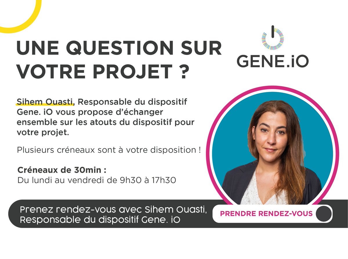 Genopole's tweet photo. #BiotechParis🔬
Des questions sur le programme Gene iO ? 🧐 

Ne restez pas sans réponse ! 😉 Prenez RDV avec Sihem, responsable du dispositif Gene iO ➡ https://t.co/loquxE0iM9.

Ou inscrivez-vous ➡ https://t.co/sIAMgWxe3g
#biotech https://t.co/At3Z8JCjh8