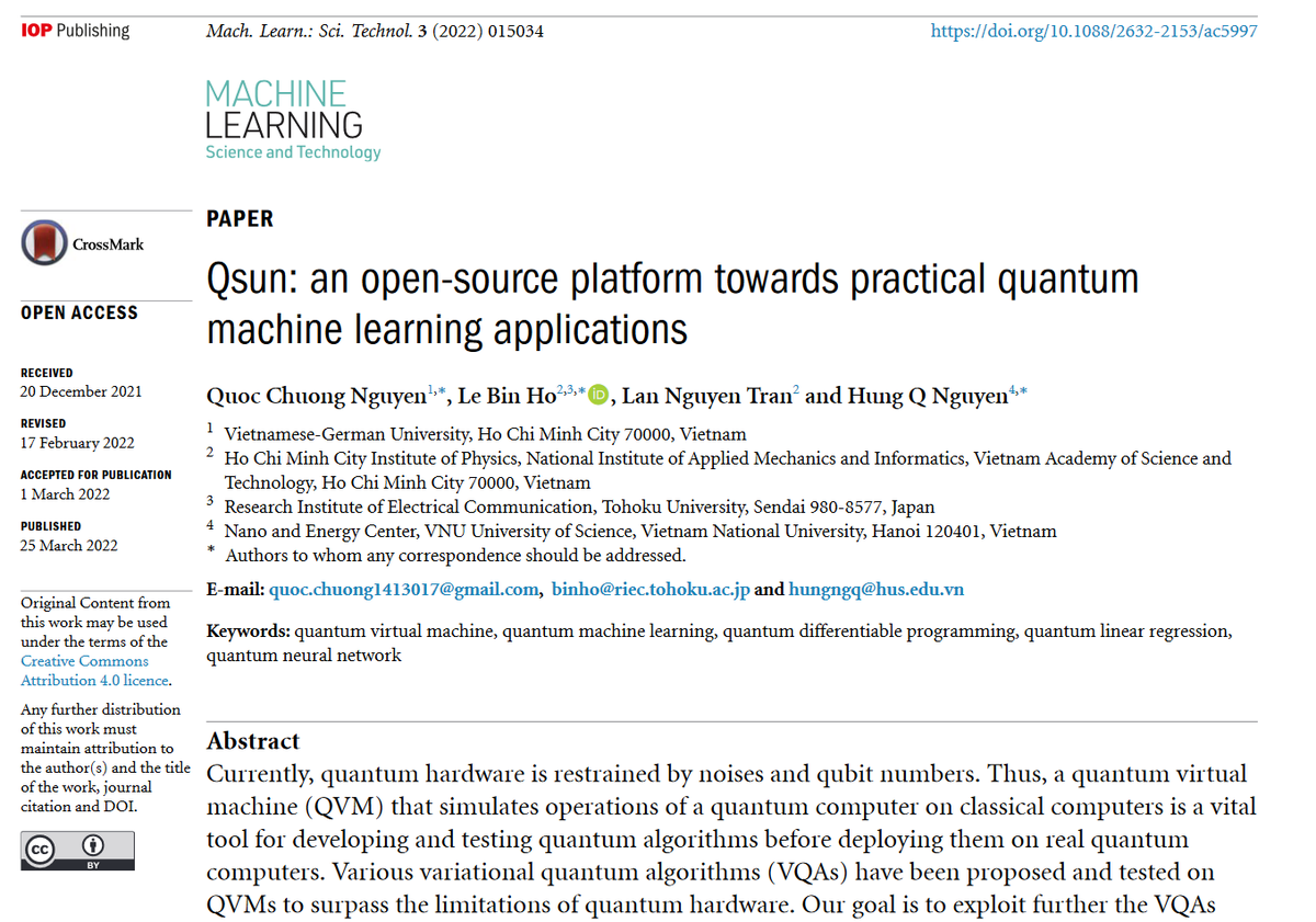 MLSTjournal's tweet photo. '#Qsun: an #opensource platform towards practical #quantum machine learning applications' by Quoc Chuong Nguyen, Le Bin Ho, Lan Nguyen Tran and Hung Q Nguyen from VAST, VNU @TohokuUniPR hits 1000 downloads! https://t.co/ji3otta5cS #machinelearning #quantumcomputing #QML #opencode https://t.co/Kc4MgGNXT4