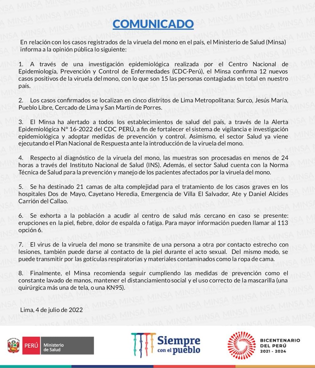 Minsa_Peru's tweet photo. 🔴 #COMUNICADO | En relación con los casos registrados de la #ViruelaDelMono en el país, el #Minsa informa a la opinión pública lo siguiente: https://t.co/4E1JOEllU7