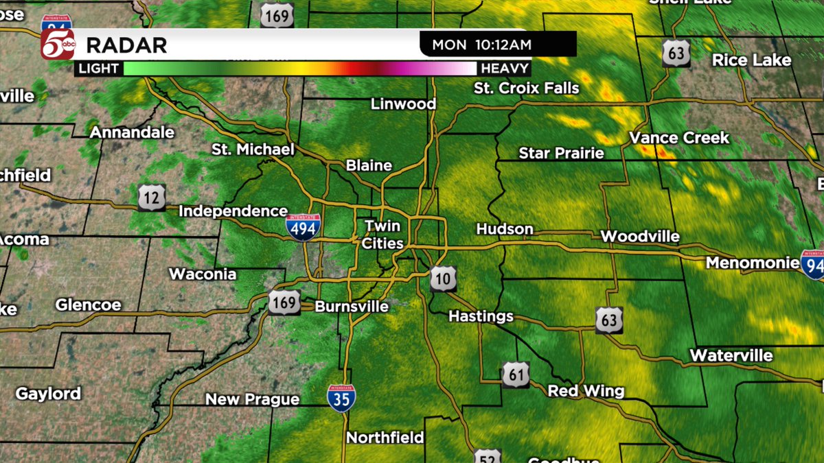 We are almost there! The back edge of the rain is moving into the southwest metro as of 10:15 AM. It should dry out 11:00 AM - noon in the Twin Cities and most of eastern Minnesota.

Please be safe today. Celebrate responsibly.

Live radar: https://t.co/fOthuOAkpc https://t.co/FmdaBgSePo
