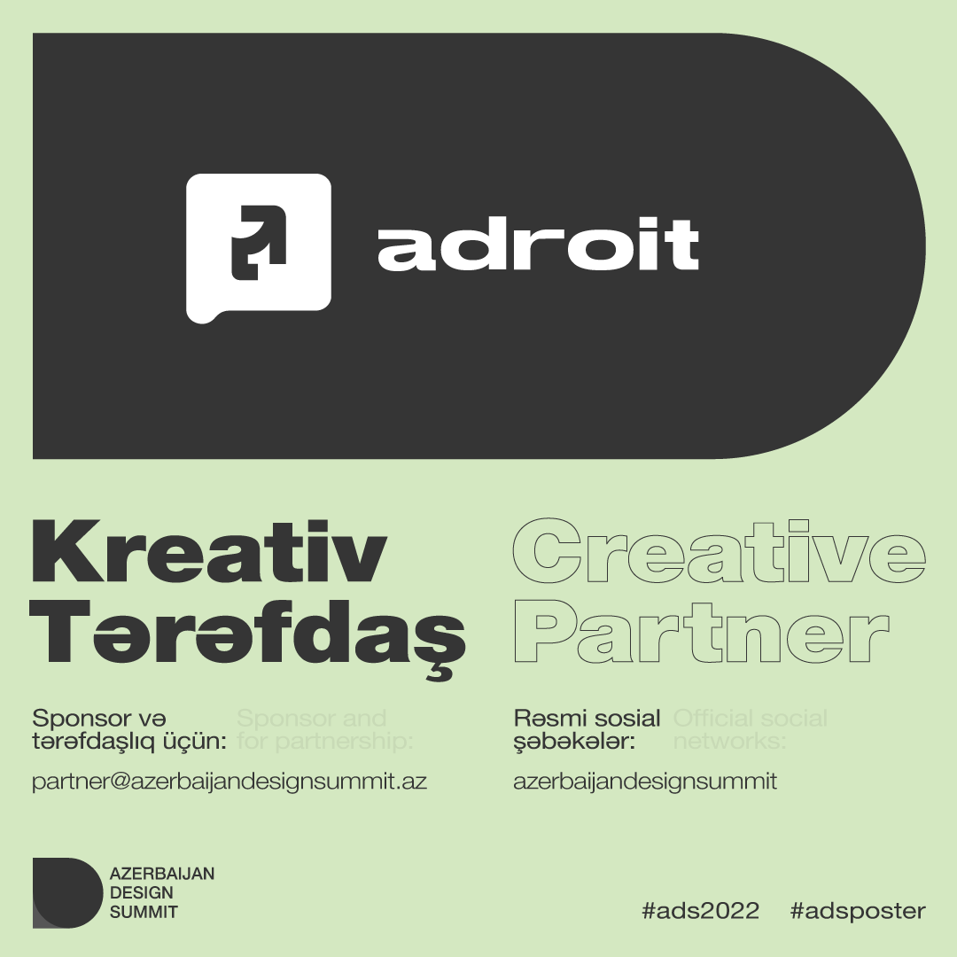 Azedesignsummit's tweet photo. Adroit | Azerbaijan Design Summit | Kreativ tərəfdaş
Adroit | Azerbaijan Design Summit | Creative Partner
https://t.co/mYOFLDLkga

#ads2022 #digital #adsposter #poster #competition #international #azerbaijandesignsummit #designsummit #summit #typographic #volunteer #marketing https://t.co/DA7qSBwmzY