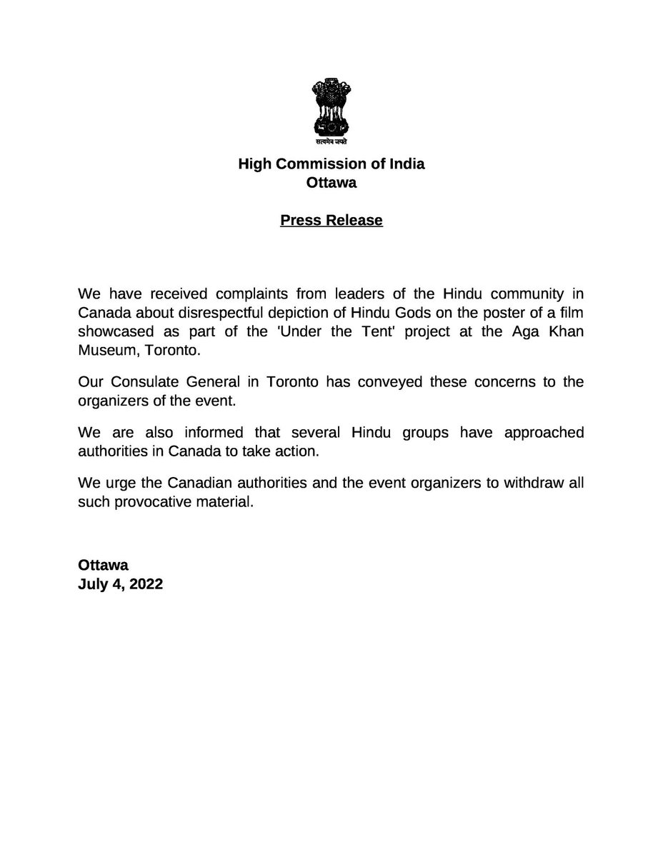 AdityaRajKaul's tweet image. India has urged Canada to withdraw all provocative material with disrespectful depiction of Hindu Gods as part of ‘Under The Tent’ project at the Aga Khan Museum, Toronto. Several Hindu groups have also approached Canadian authorities for action. @JustinTrudeau @AnitaAnandMP