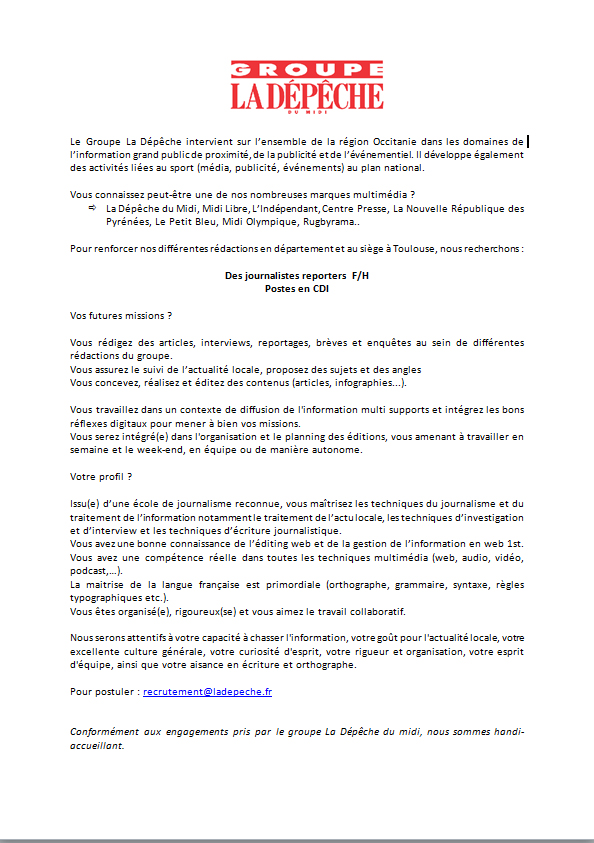 🚨 ALERTE RECRUTEMENT CDI 🚨
<a href="/ladepechedumidi/">La Dépêche du Midi</a> lance sa sixième vague de recrutement annuelle, avec une dizaine de CDI proposés au siège ou en départements en 2022. A vos CV! ⬇️