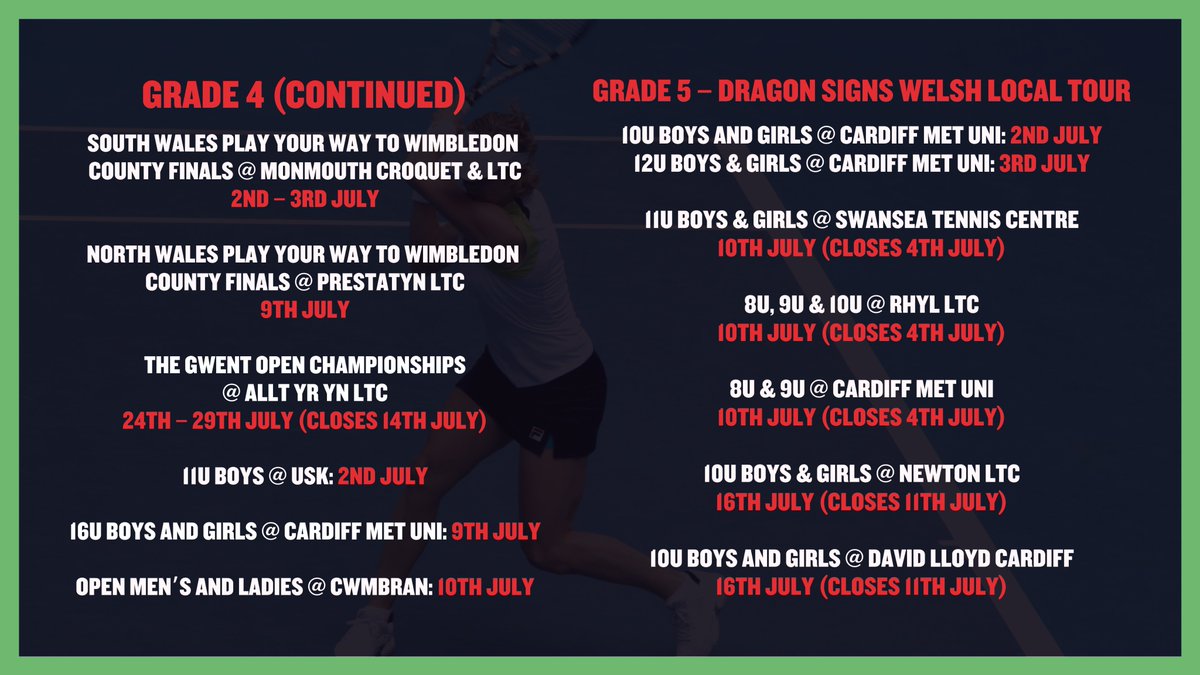 tenniswales's tweet photo. Introducing your (absolutely jam-packed) tournament calendar for July! 📆🏆 https://t.co/LWA4lHwvti