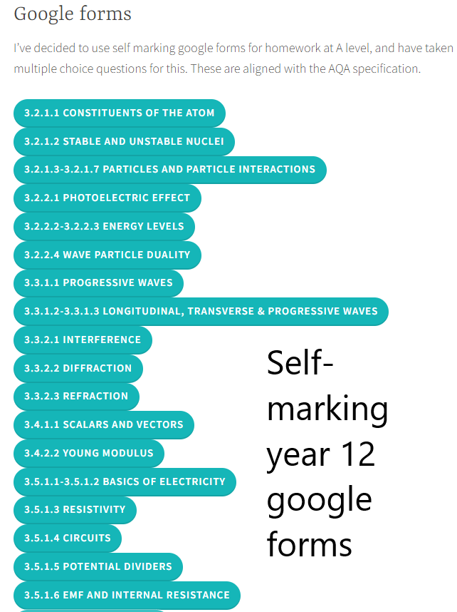 edmunds_dr's tweet photo. ***SELF-MARKING GOOGLE FORMS***

I've just uploaded google forms for all of the AQA A level physics year 13 content.

All self-marking &amp; coverage of the whole specification. Hopefully you find them useful; if so consider sharing so others can find them!

https://t.co/RumPUBvHHS https://t.co/Hlawwj7OPT