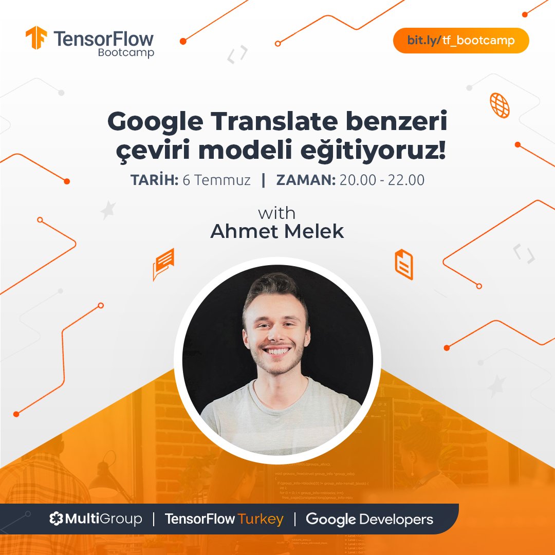 TensorFlowTurk's tweet image. TensorFlow Bootcamp'in bu haftaki ikinci workshop'unda ML GDE @ahmetmeleq ilgi çekici bir konuyu anlatıyor. ⚡️
Google Translate benzeri bir çeviri modelinin nasıl eğitilebileceğinin anlatılacağı bu yayını kaçırmayın! ⚠️
🔗 youtube.com/watch?v=vTar2y…
