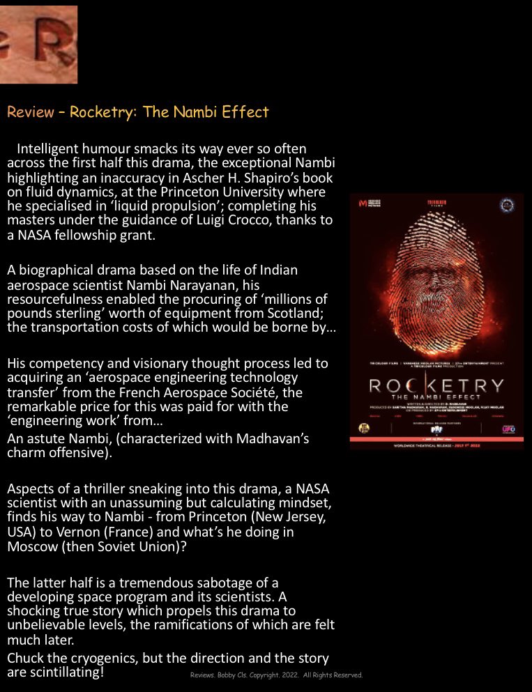 Rcoolmovies's tweet photo. The latter half is a tremendous sabotage of a developing space program & its scientists. A shocking true story which propels this drama to unbelievable levels #Rocketry #TheNambiEffect by #RMadhavan
#Simran #Rajit Kapur #MishaGhoshal, #AtulKulkarni @ActorMadhavan #Brilliant https://t.co/XA4e9SvJX3