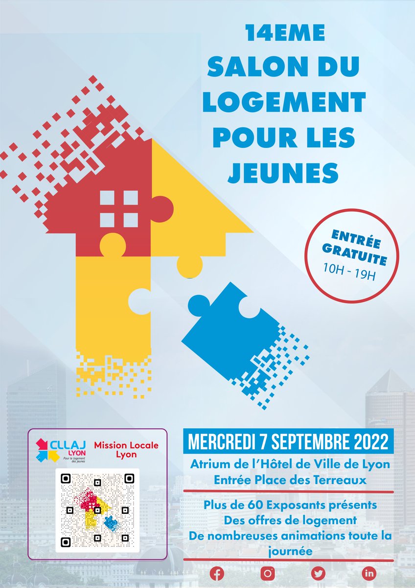 Le Salon du Logement pour les Jeunes revient 👋 
Nouveau logo pour une nouvelle édition, nous vous attendons nombreux le Mercredi 7 Septembre 2022 à l'Atrium de l'Hôtel de <a href="/villedelyon/">Ville de Lyon</a> !