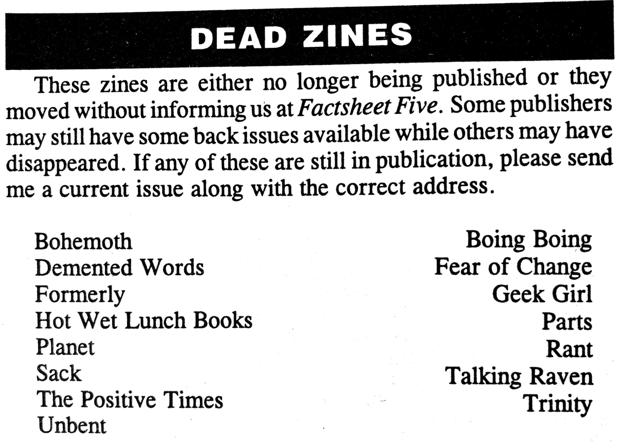 F5_archive's tweet photo. Basic network maintenance carried out by F5 required updating readers of dead zines. One of the dead zines shown here, from Issue 59, is @boingboing. 😂 #zines #factsheet5 #deadzines #boingboing https://t.co/l4mM9VUA0X