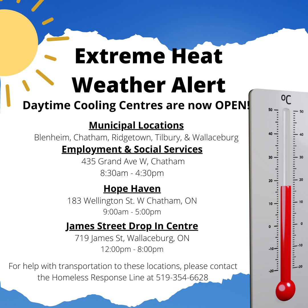 CKEandSS's tweet photo. A heat alert has been issued for Chatham-Kent today and tomorrow July 5th.  Visit one of the many cooling centres available in CK including E&amp;SS, Municipal Service Centres, Hope Haven and James St Drop in Centre. https://t.co/VuyI2TS9ny