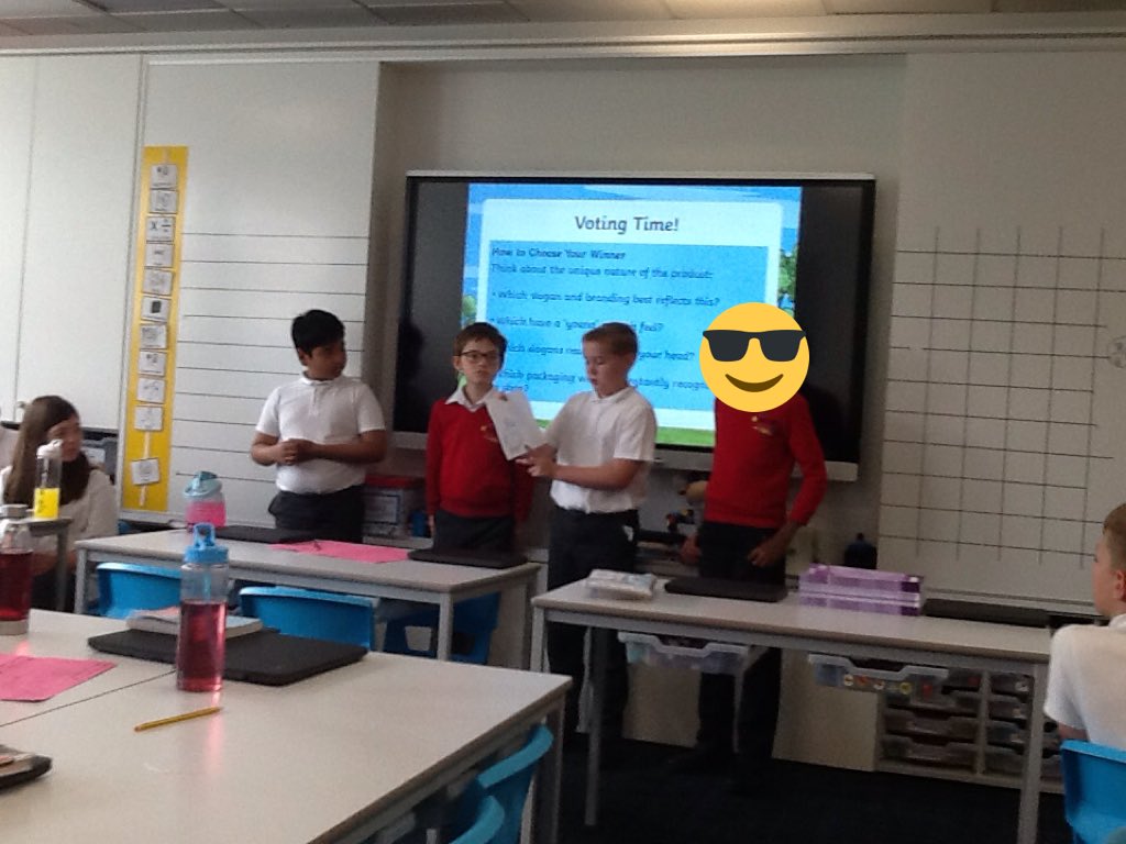 westheathprim's tweet photo. Task 3 of The West Heath Apprentice! Today the teams had to design the packaging of their invention and pitch it to the other teams. #WHPSClass12 #WHPSEnglish https://t.co/idRbo3isqH