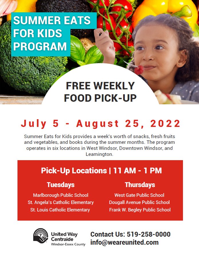 Summer Eats for Kids provides a week's worth of snacks, fresh fruits, vegetables, and books during the summer months. Please share with anyone who may benefit from this program! @UnitedWayWE 🍅🥕🥦