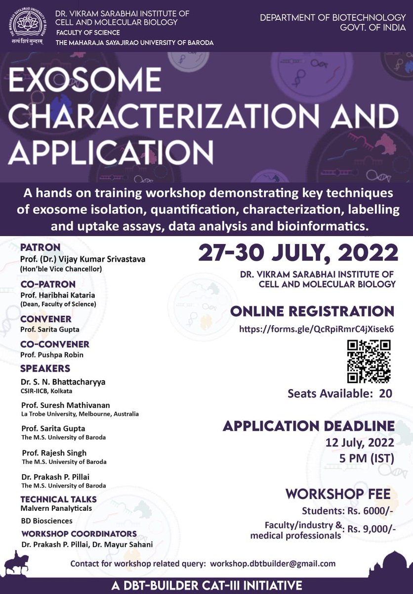 vsicmb's tweet photo. The VSICMB has organised an exclusive hands on workshop demonstrating “EXOSOME CHARACTERIZATION &amp; APPLICATION”.

Date of workshop- 27-30th July’22
Venue- VSICMB 
Application deadline: 12 July’22, 5PM

Link and details for registration given above. https://t.co/qYBz4VgUdO
