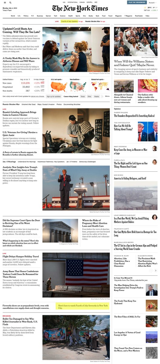 It's not always about what you see but also about what you don't see. This is the current New York Times homepage and today's front page with, highlighted, references to the Fourth of July
