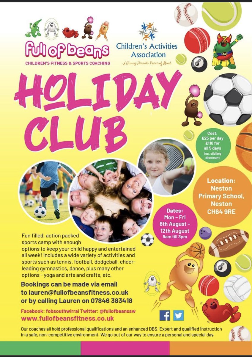 Full of Beans are pleased to announce their summer holiday club <a href="/Neston_Primary_/">Neston Primary</a> 

For Bookings, please message Lauren@fullofbeansfitness.co.uk <a href="/fob_south/">FOB - South Wirral</a> 

#summerholidayclubwirral
#neston 
#summerholidays2022