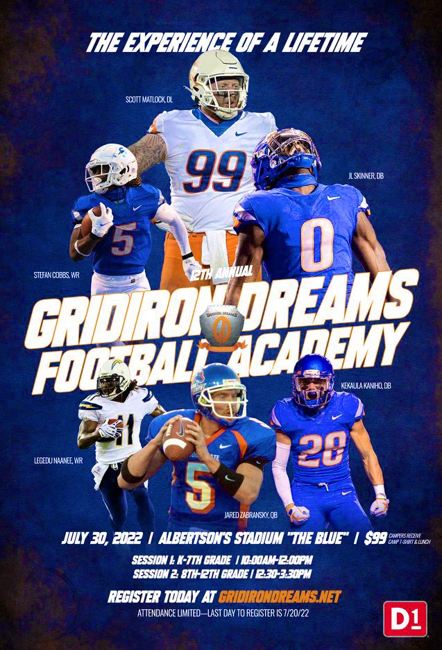 Happy 4th! Excited to announce that Gridiron Dreams 🏈 Academy powered by @D1Sports Boise is BACK for a 12th summer! Coached as always by ONLY current & former BSU Broncos! July 30th on “The Blue” ! Registration is open NOW 👉🏽 GridironDreams.Net (spots limited)