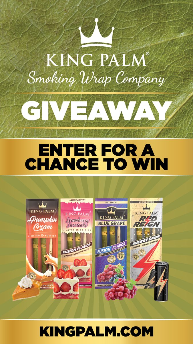 realkingpalm's tweet photo. Win a King Palm Care Package filled with new flavors like Pumpkin Cream, Strawberry Shortcake, Blue Grape and Red Reign.
 
To enter, follow these steps.
1. Follow @realkingpalm
2. Retweet the post
3. Fill out the form 
https://t.co/qZ3SMdsJ4j

Two winners announced on July 8th. https://t.co/yYewM73Usl