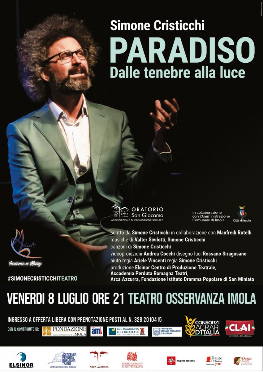 #IMOLA. Ancora qualche posto libero per lo spettacolo di @scristicchi al #teatro Osservanza dell'8 luglio, organizzato dall'#OratorioSanGiacomo con il sostegno della #BccRomagnaOccidentale. Per prenotare 3282010415. 
#Paradiso #SimoneCristicchiTeatro #BCCRO #Estate2022