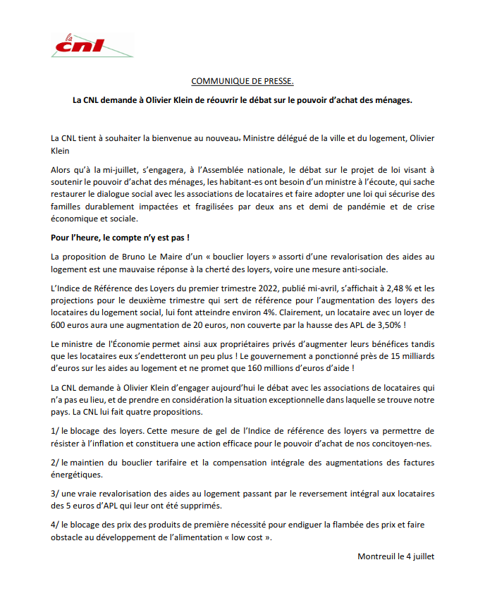La_CNL's tweet photo. Un nouveau ministre délégué pourquoi? @OlivierKlein93 le compte n' y est pas. La #CNL vous demande de réouvrir le débat sur le pouvoir d'achat des ménages. #blocage des #loyers, des #prix des produits de 1ere nécessité #reversement des 5 euros d'APL #bouclienergetique https://t.co/knP2nm5UTy