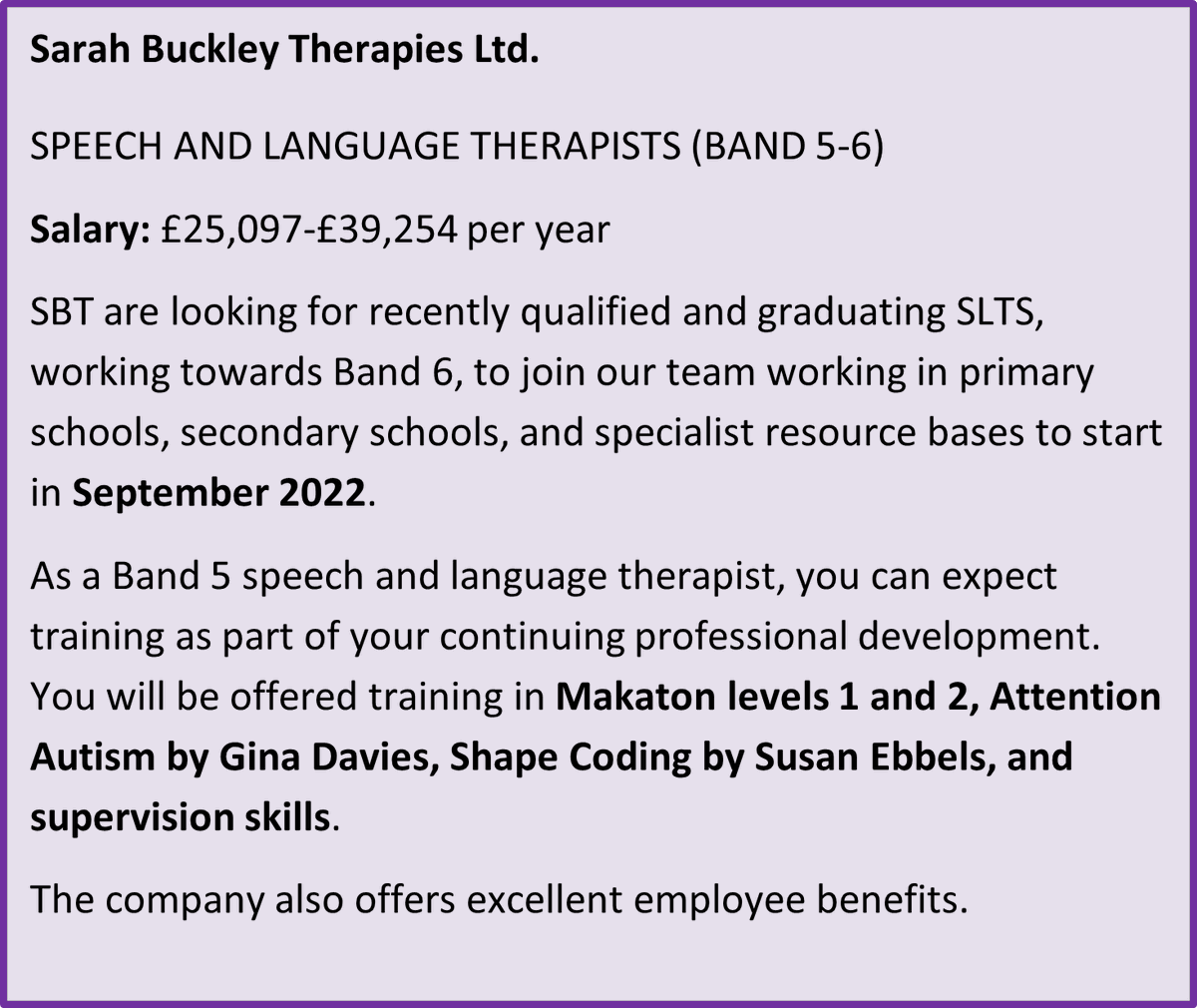 SBT (@sbspeechtherapy) on Twitter photo VACANCIES
SPEECH AND LANGUAGE THERAPISTS (BAND 5-6)
sarahbuckleytherapies.co.uk/slt-jobs
Application deadline: 15th July
<a href="/readingSLTsoc/">UoR SLT Soc</a>
<a href="/SLTSocietyNCL/">SLT Society NCL</a>
<a href="/SLTSocietyUEA/">SLTSocietyUEA</a>
<a href="/CMUSLT_SOC/">Cardiff Met SLT</a>
<a href="/SLTsocietyEssex/">Uni of Essex SLT Soc</a>
<a href="/BCUSALTSOC/">BCU SALTSOC</a>
<a href="/HCS_Sheffield/">Human Communication Sciences | Sheffield</a>
<a href="/Strath_SLT/">Strathclyde SLT</a>
<a href="/qmusltsociety/">QMU_SLTSociety</a>
<a href="/SLTsocietyhudds/">SLT Society @ Hudds Uni</a>
<a href="/SLTBeckett/">SLT at Leeds Beckett</a> VACANCIES
SPEECH AND LANGUAGE THERAPISTS (BAND 5-6)
sarahbuckleytherapies.co.uk/slt-jobs
Application deadline: 15th July
<a href="/readingSLTsoc/">UoR SLT Soc</a>
<a href="/SLTSocietyNCL/">SLT Society NCL</a>
<a href="/SLTSocietyUEA/">SLTSocietyUEA</a>
<a href="/CMUSLT_SOC/">Cardiff Met SLT</a>
<a href="/SLTsocietyEssex/">Uni of Essex SLT Soc</a>
<a href="/BCUSALTSOC/">BCU SALTSOC</a>
<a href="/HCS_Sheffield/">Human Communication Sciences | Sheffield</a>
<a href="/Strath_SLT/">Strathclyde SLT</a>
<a href="/qmusltsociety/">QMU_SLTSociety</a>
<a href="/SLTsocietyhudds/">SLT Society @ Hudds Uni</a>
<a href="/SLTBeckett/">SLT at Leeds Beckett</a>