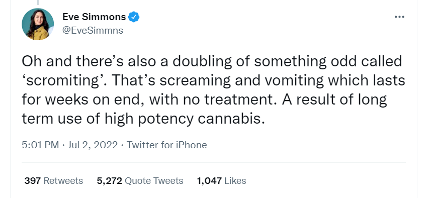 THREAD🧵

What the hell is 'scromiting'?

After this <a href="/EveSimmns/">Eve Simmons</a> tweet went nuclear I had a few calls about it - so did a bit of research, since, id never encountered the term in 20years or so of cannabis policy work....
1/