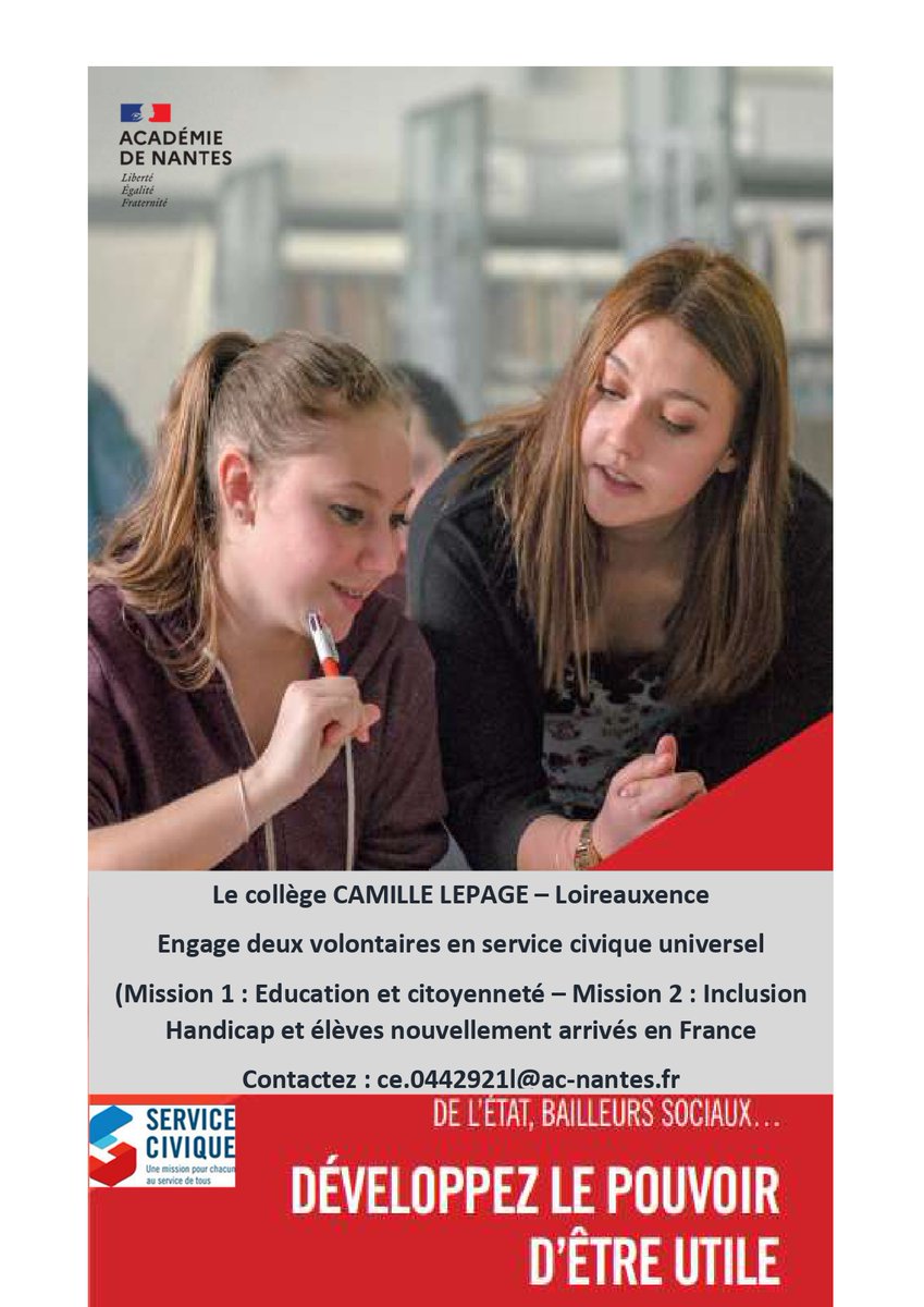 Le collège #CamilleLepage @Loireauxence_44 recrute deux @ServiceCivique #Rentree2022 #LoireAtlantique #Varades