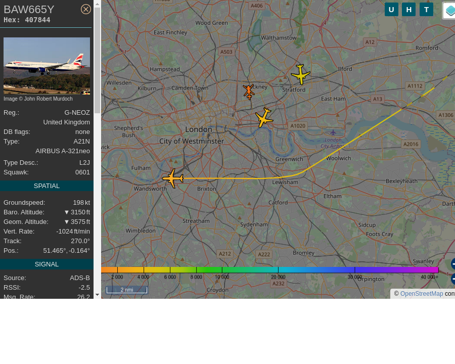 Flight: #BAW665Y Reg: G-NEOZ Aircraft: Airbus A321 251NXSL Operator: British Airways Route: LCA-LHR Larnaca to London, Heathrow Squawk: 0601 Altitude: 1303.0 m Heading: W @ 270.1 mi/h Spotted: 17:15:05 #AircraftSE1