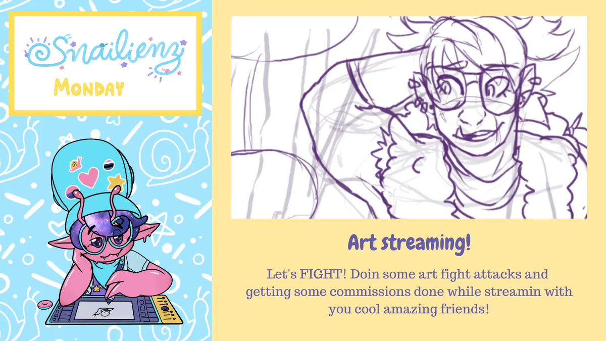 snailienz's tweet photo. 🌟🐌🌈Art Stream!🌈🐌🌟 

Game night was cancelled due to workload, but the stream is still going watch me draw artfight attacks and commissions at 8pm EST!!

#vtuber #envtuber #artvtuber https://t.co/E2Oeznvvbg