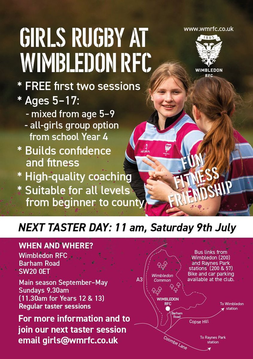 GirlsWimbledon's tweet photo. ⏰ Saturday 11am at Wimbledon RFC - come and join the girls for a free rugby taster session. Ages 5-17 all welcome. Tell your girls @RicardsTweets @officialRPHS @uhswimbledon @PE_Southfields @stcrugby @RicardsPE @KGS_Sport @PutneyHighSport @Sport_WHS https://t.co/jcJaFCMUIz