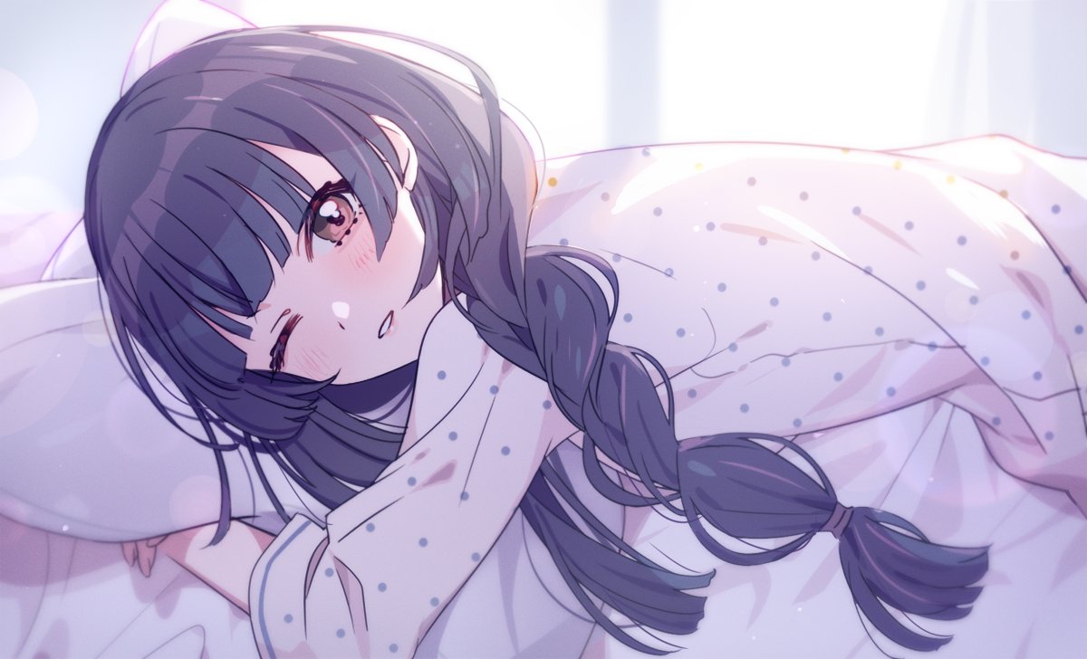 mayuzumi fuyuko 1girl solo one eye closed black hair pajamas looking at viewer braid  illustration images