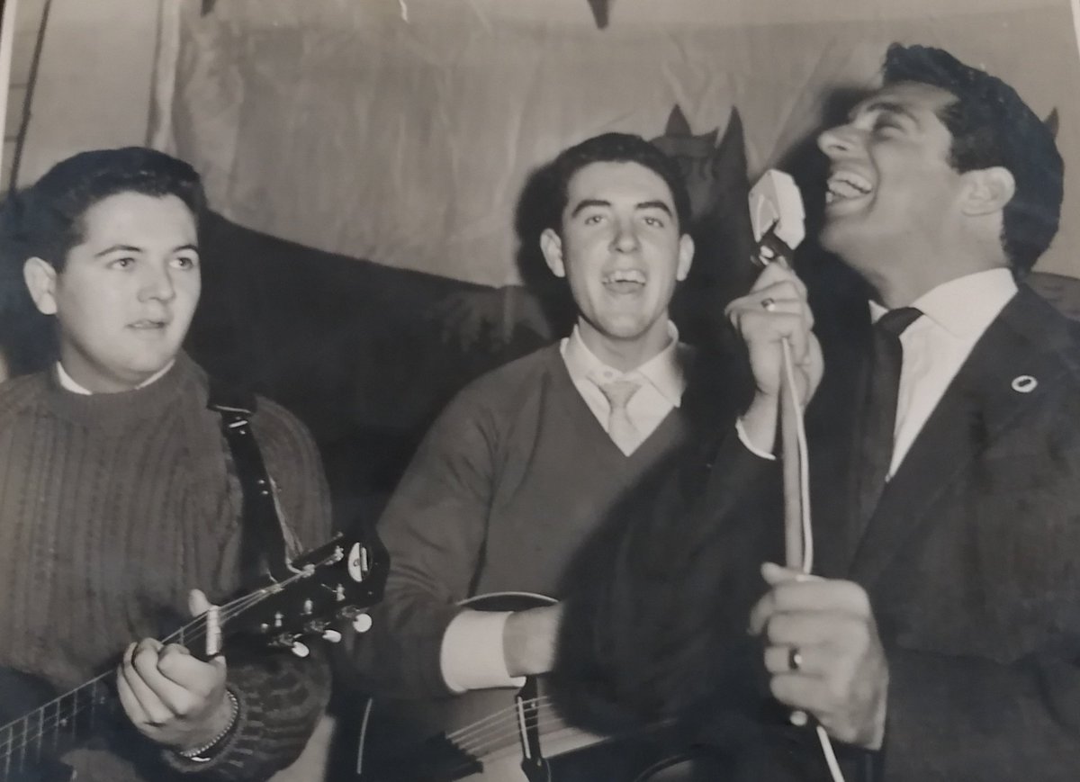 1950s and UK star of the day #FankieVaughan plays #Swansea with local group the Hot Rods backing him. Playing rhythm guitar on the left is John Hammond (my late father). Found the photograph today 😊